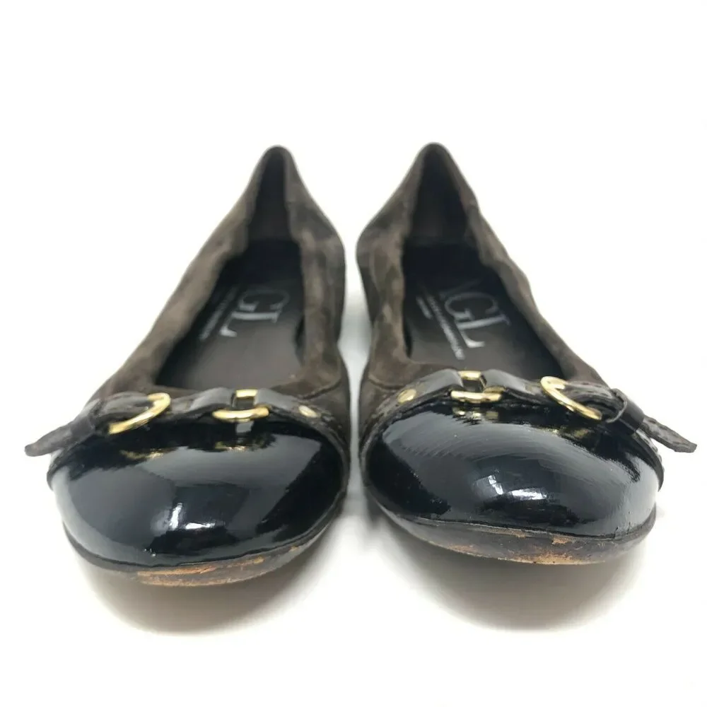 AGL Shimmer Ballet Flat Womens 38 / 8 Brown‎ Leather Patent Cap Toe Slip On